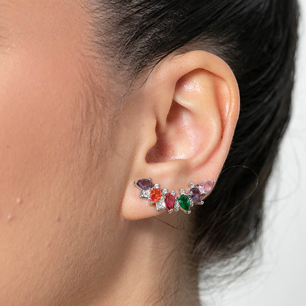 Brinco ear cuff Gotas de Zirconia Cristal e colorido Prateado