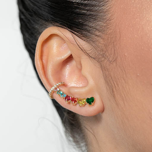 Brinco Ear cuff Zirconia Cristal e Colorido Dourado