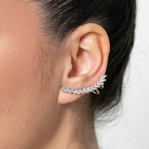 Brinco folha de zirconia ear cuff Prateado