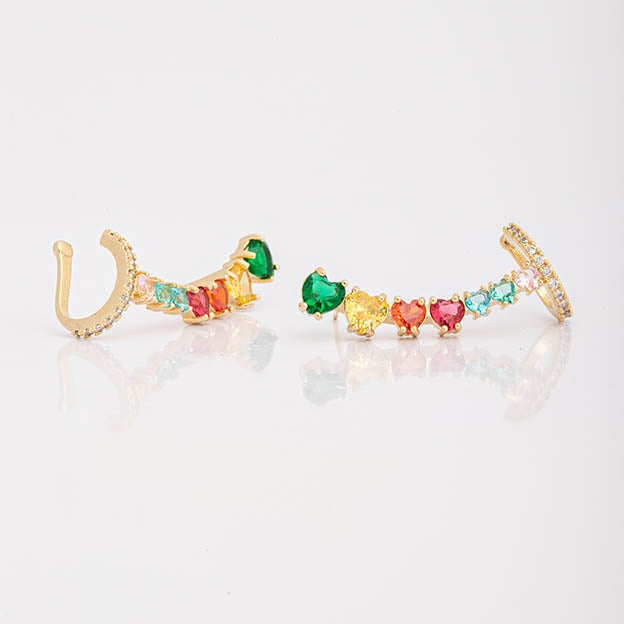 Brinco Ear cuff Zirconia Cristal e Colorido Dourado